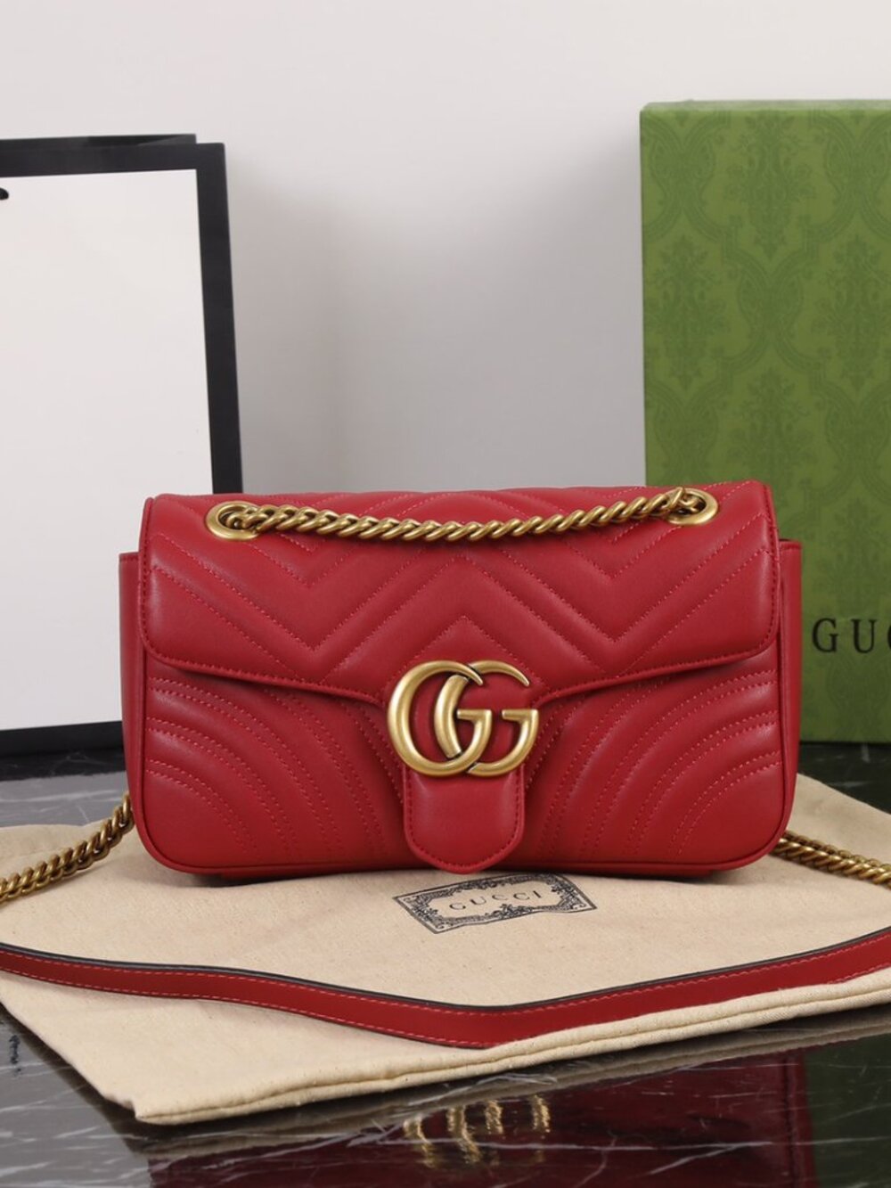 GUCCI Red Leather GG Marmont Shoulder Bag
